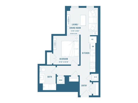 A floor plan of a house with a living room, dining room, kitchen, bathroom, and two bedrooms.